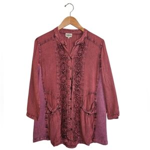 Signals Coral Boho Floral Lagenlook Embroidered Button-down Tunic Blouse Size 2X